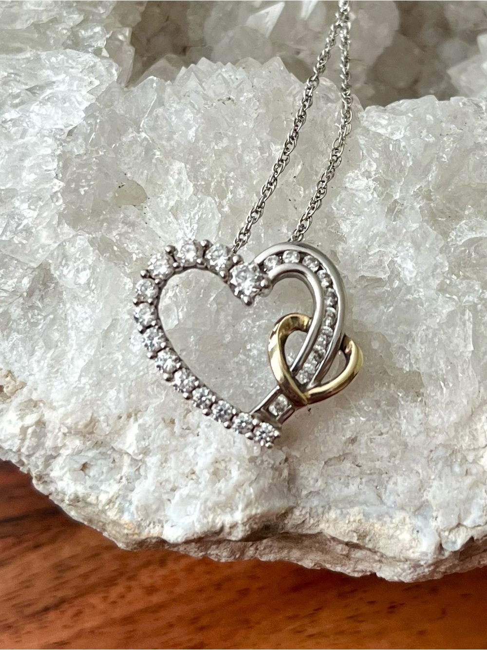 10K Yellow Gold Sterling Silver & Simulated Diamonds Two Tone Heart Pendant 18”